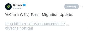 Migração de VeChain anunciada pela Bitfinex, token avança 11,88% em 24 horas