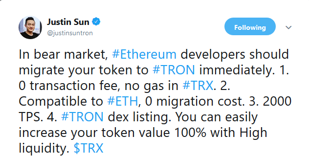 Webitcoin: Justin Sun: desenvolvedores do Ethereum devem migrar para a Tron
