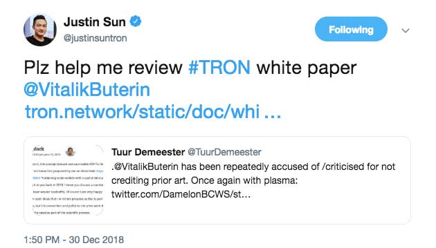 Webitcoin: Mais treta: Justin Sun alfineta Vitalik Buterin ao pedir sua ajuda para revisar o white paper da Tron