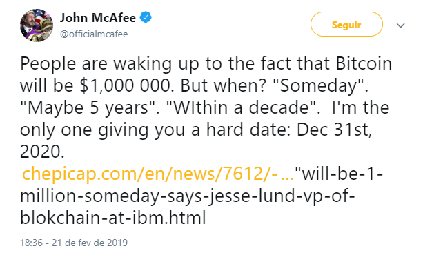 WeBitcoin: John McAfee afirma que o Bitcoin valerá US$1 milhão até o final de 2020