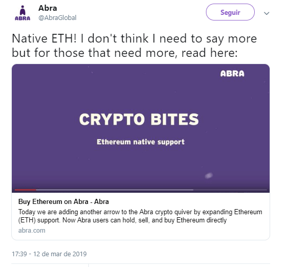 WeBitcoin: App de investimento Abra lança suporte para Ethereum (ETH)