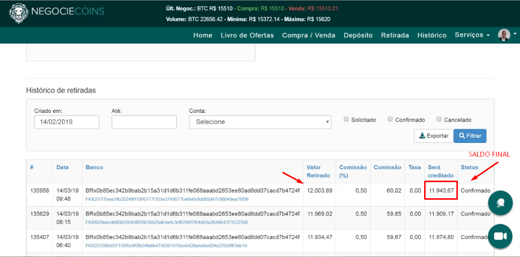 Arbitragem entre Tembtc e Negociecoins