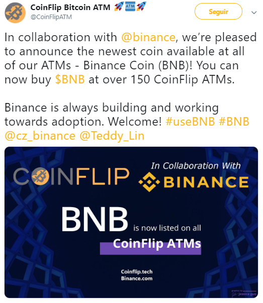 WeBitcoin: Binance Coin (BNB) agora pode ser adquirida em caixas eletrônicos da rede CoinFlip