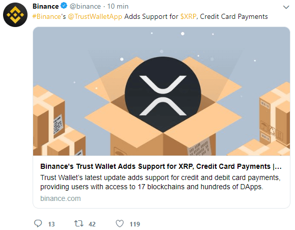 WeBitcoin: Trust Wallet da Binance adiciona suporte para Ripple (XRP) e pagamentos em cartão de crédito