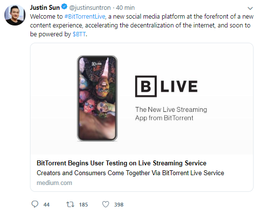 WeBitcoin: CEO da TRON anuncia nova mídia social oferecida pelo BitTorrent, o BitTorrentLive