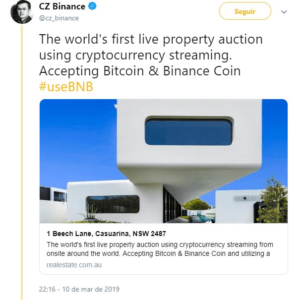 WeBitcoin: Bitcoin e Binance Coin: Primeiro leilão de imovéis ao vivo do mundo a aceitar criptomoedas será sediado na Austrália