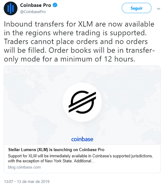 WeBitcoin: Coinbase Pro lança suporte para Stellar Lumens (XLM)