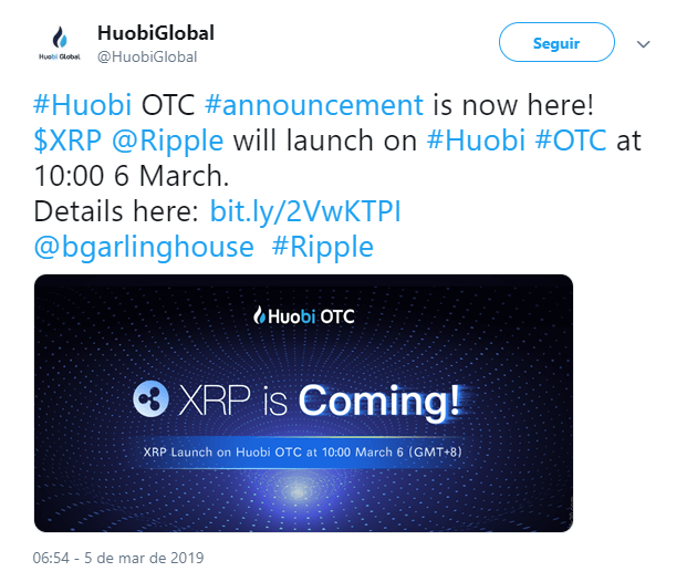 WeBitcoin: Exchange Huobi adiciona Ripple para negociações no mercado de balcão