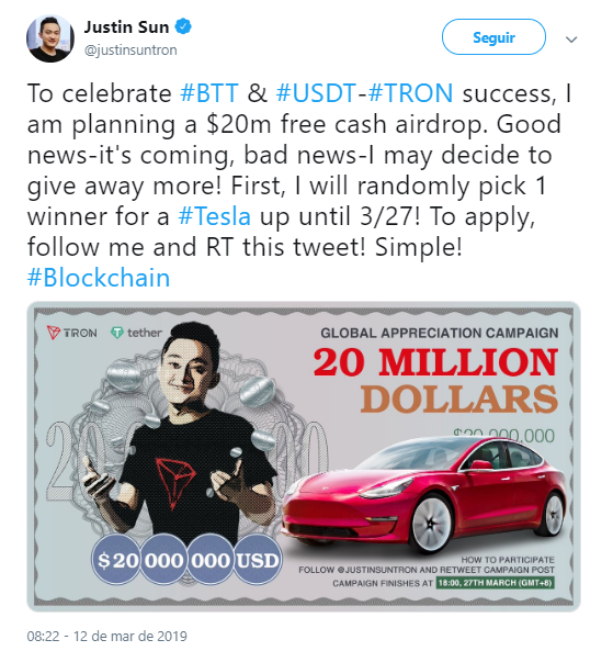 WeBitcoin: CEO da Tron irá doar carro da Tesla e US$20 milhões para comemorar sucesso do BitTorrent e do USDT TRC-20