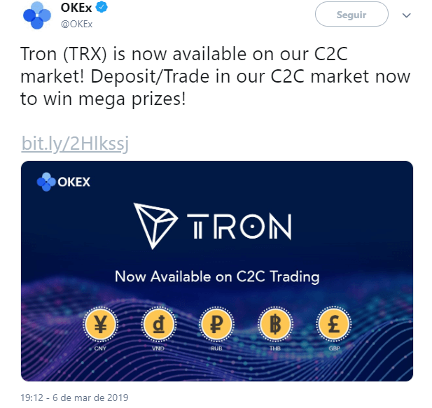 WeBitcoin: Exchange OKEx disponibiliza TRON em seu mercado C2C
