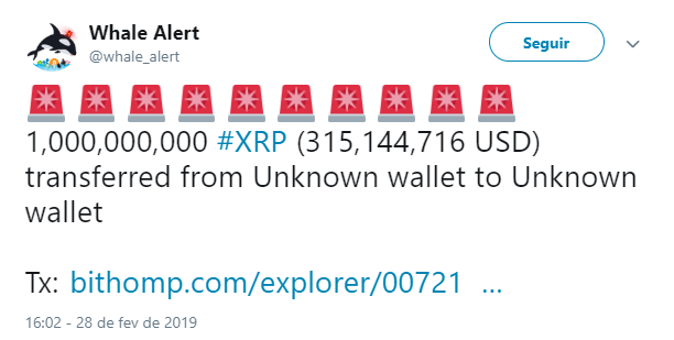 WeBitcoin: Baleia à vista? Bithomp registra transação de 1 bilhão de tokens XRP 