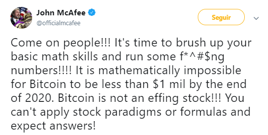 WeBitcoin: John McAfee afirma que é "matematicamente impossível" que o Bitcoin não atinja US$1 milhão até 2021