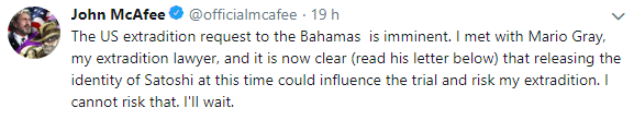 WeBitcoin: John McAfee desiste temporariamente de revelar a identidade de Satoshi Nakamoto para não comprometer seu pedido de extradição