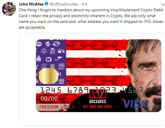 WeBitcoin: Cartão de débito de Bitcoin de John McAfee será "anônimo como o mercado"