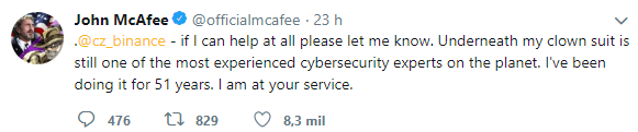 WeBitcoin: John McAfee irá ajudar CEO da Binance a desvendar detalhes sobre o hack