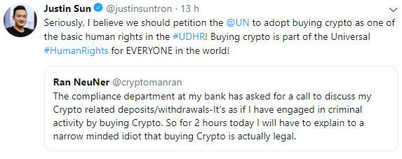 WeBitcoin: "Poder comprar cripto deveria ser parte dos direitos humanos": CEO da TRON critica posicionamento de bancos sobre o setor