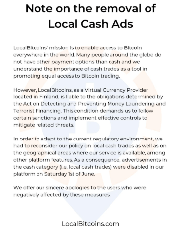 WeBitcoin: "O fim de uma era": LocalBitcoins confirma banimento de negociações cash-to-cripto