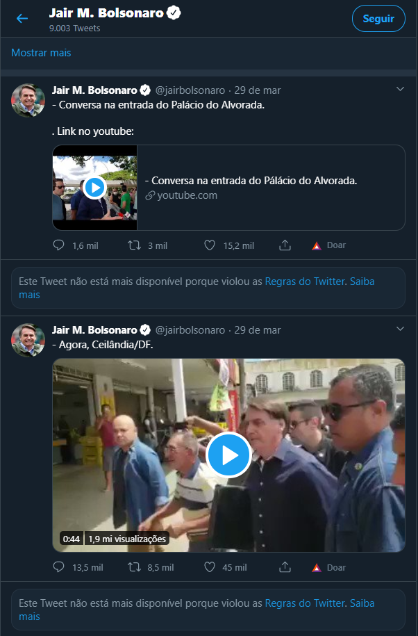 twitter bolsonaro vídeos excluídos
