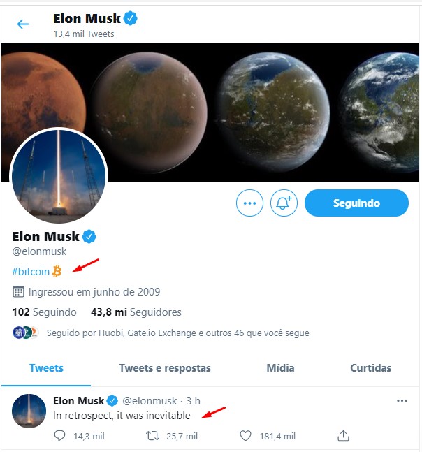 Elon Musk põe Bitcoin na Bio do Twitter