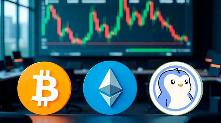 alta do BTC, subida do ETH e destaque para Pengu
